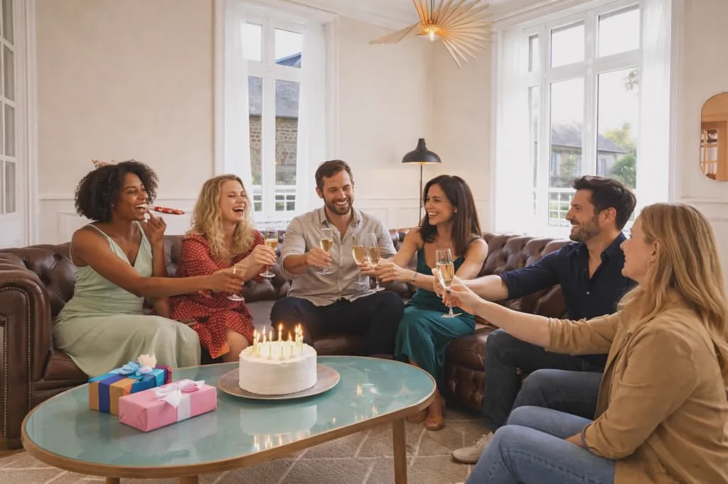 Anniversaire célébré entre amis dans le salon du Manoir Ducey