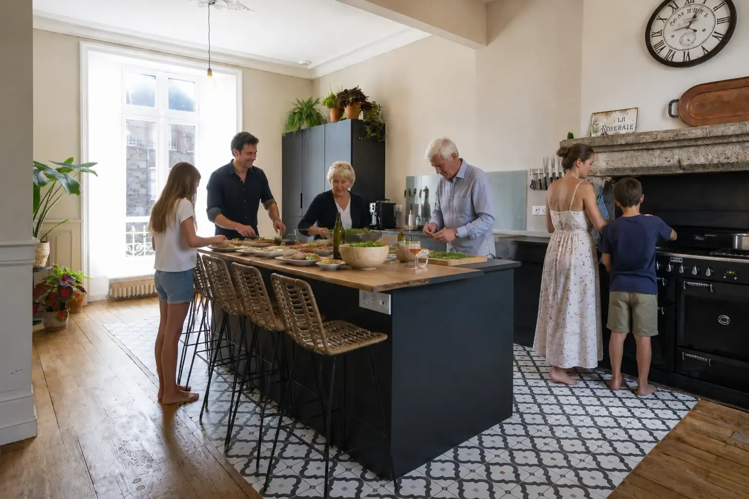 Famille cuisinant ensemble autour de l'îlot de la cuisine du Manoir Ducey