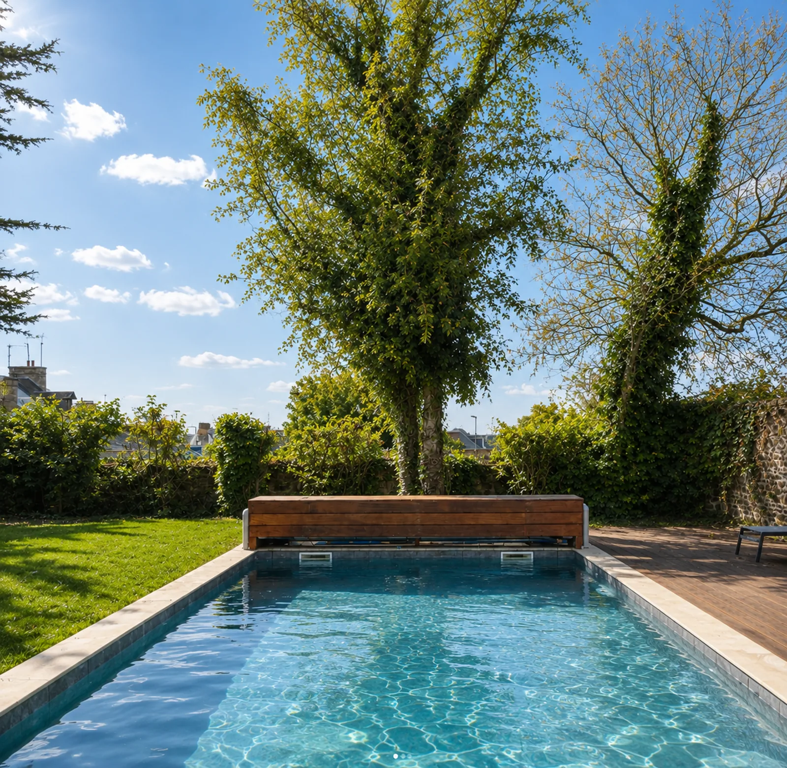 La piscine du Manoir Ducey entourée d'arbres et de pelouse